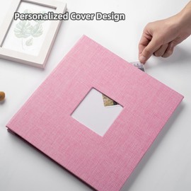HoneyTolly Large Photo Album Self Adhesive with Picture Display Window, DIY Scrapbook Album for 4x6 8x10 Pictures, 40 Pages Linen Cover Memory Book with Scraper and Metallic Pen(Pink)