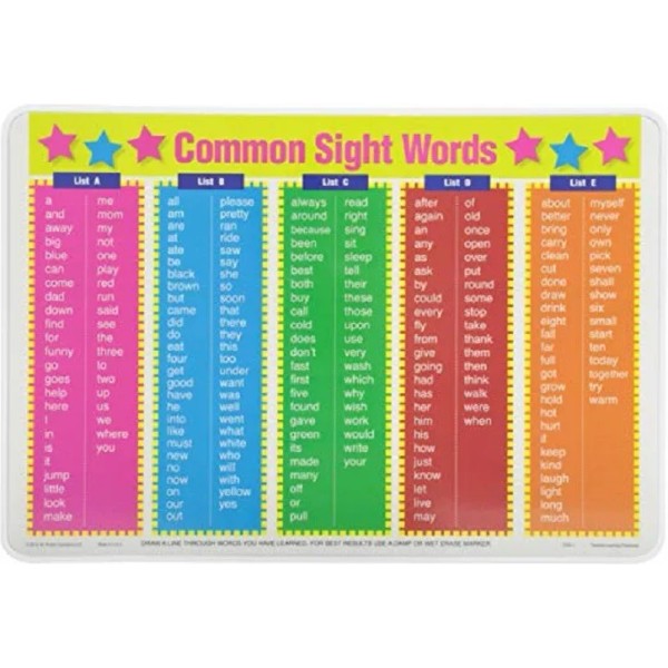 Painless Learning Placemat Common Sight Words Educational Elementary School
