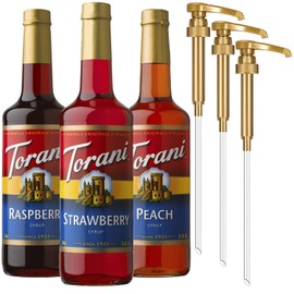Torani Strawberry, Peach, and Raspberry Syrup for Drinks, Variety 3-Pack, Flavoring for Iced Tea, Lemonade, and Sodas, Pumps Included, 25.4 Oz Ea