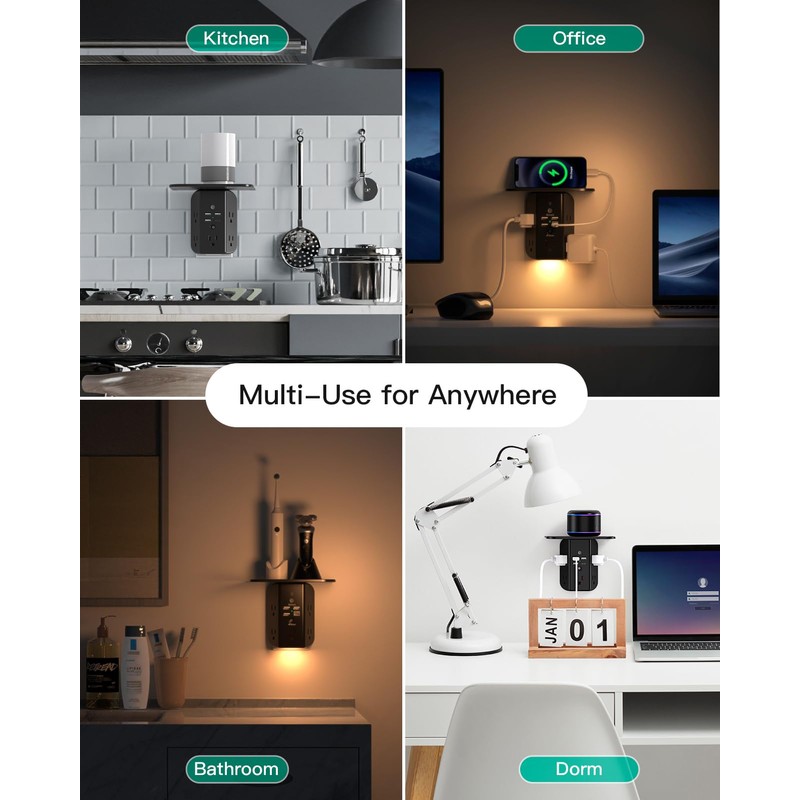 Wall Outlet Extender with Shelf and Night Light,Surge Protector,USB Wall