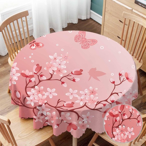 Yibeas Tablecloth Round Cherry Blossom Table Cloth Japanese Pink Cherry