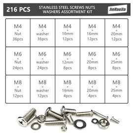 216Pcs Bolts and Nuts Washer Set,Stainless Steel Screws Nuts Washers Assortment Kit Stainless Steel Screws and Nuts Washers with Plastic Box,M4 M6 M8(Silver)