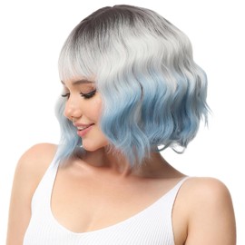 Rose bud Wavy Bob Wig with Bangs Synthetic Natural Wig Short Curly Wigs for Women Thick Ombre Silver to Blue
