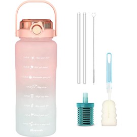 1.5L Water Bottle with Filter 49oz , Fitness Hydration Water Bottles with Straw & Time Marker, Leak Proof Water Jug with Handle -BPA Free, For Office & Outdoor Sports Camping Hiking(Frosted Pink)