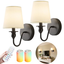 Battery Operated Wall Sconce Set of 2,Rechargeable Wall Sconce with 10000mAh Dimmable Bulb and Remote,LED 15 Colors Black Wireless Battery Powered Wall Lamp with Fabric for Bedroom Living Room