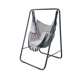 PIRNY Hammock Chair with Stand,Heavy-Duty Hammock Stand with Large Indoor Swing,MAX Load 500 LBS,Hanging Chair with Stand for Indoor Outdoor,Swing Chair with 2 Cushions Included(Grey)