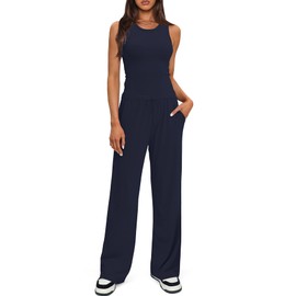 Darong Women's Two Piece Outfits Lounge Sets Ruched Sleeveless Pullover Tops and Elastic Waisted Pants Tracksuit Sets 9054B Dark Blue L