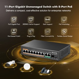 MokerLink 11 Port Gigabit PoE Switch with 8 PoE+ Port, 2 Gigabit Uplink, 1 SFP Port, 120W AI Detection, Qos, Fanless Metal Plug & Play Unmanaged Network Switch