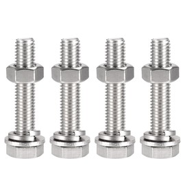 sourcing map M10 x 55mm Hex Head Screws Bolts, Nuts, Flat & Lock Washers Kits, 304 Stainless Steel Fully Thread Hexagon Bolts 4 Sets