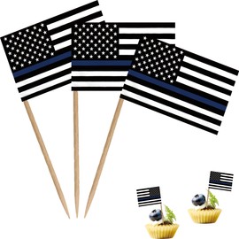 Thin Blue Line American Police Toothpick Flag Honoring Law Enforcement Officers Small Mini Cocktail Fruit Cupcakes Toppers Food Stick Flags Decorations,100 Pack