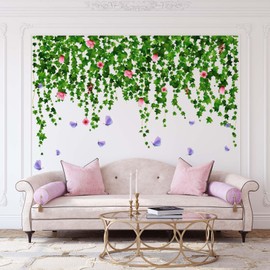Amimagen Green Hanging Vine Flower Wall Stickers - Nature Plants Floral Leaves Wall Decals - Bedroom Living Room Sofa TV Background Home Wall Stickers