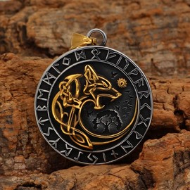 Viking Odin Wolf Fenrir Pendant Necklace - Viking Jewellery for Men, Nordic Mythology Amulet Men's Gold & Silver Stainless Steel Vegvisir Rune Celtic Jewellery Gift, Stainless Steel