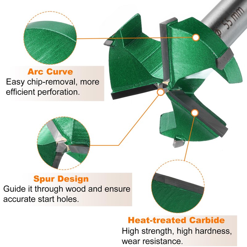 HARFINGTON Forstner Drill Bit 2-5/32" (55mm) Carbide Upgraded 3 Flutes