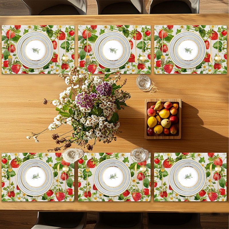 6 Pcs Placemats,Red Strawberry Placemats,Leaves Flower Table Mats Washable Recyclable