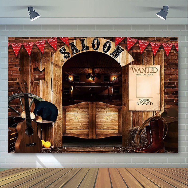 GKLEASG 10x8ft Western Saloon Backdrop, Cowboy Wild West Wood Barn