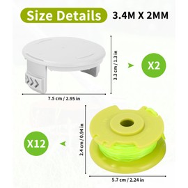 Zaxiva Pack of 14 Updated Model Replacement Grass Trimmer Spool Works with Ryobi One+, Ryobi AC80RL3/AC14HCA Grass Trimmer Spool, Diameter 2 mm, 3.4 m Length Thread Spool (12 Spools + 2 Caps)