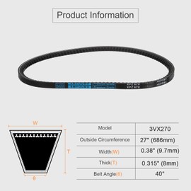 sourcing map 3VX270 Rubber V-Belt, Raw Edge Cogged Industrial V Belt 27" Length x 0.38" Width x 0.32" Thickness
