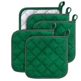 100% Cotton Kitchen Everyday Basic Terry Pot Holder Heat Resistant Coaster Potholder for Cooking and Baking Set of 5 Dark Green