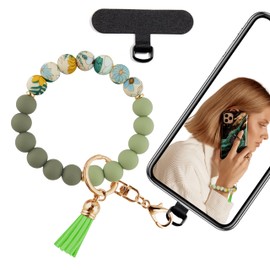 Lostars Silicone Beaded Phone Wrist Strap,Phone Bracelet Strap with Tether Tab,Elastic Hands-Free Beaded Keychain Wristlet (Light Green)