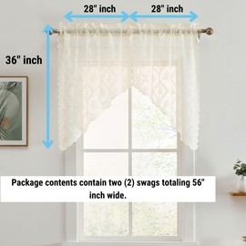 HLC.ME Isabella Floral Rod Pocket Lace Short Cafe Swags for Small Windows - 28 x 36 Inch Length (Ivory Swags, Set of 2)