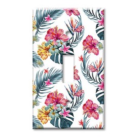 Art Plates 1-Gang Toggle OVERSIZED Switch Plate - OVER SIZE Decorative Metal Wall Plate - Pink Flowers with Palm Fronds - (Made in USA)