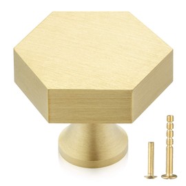 QogriSun 10-Pack Solid Brass Hexagon Cabinet Knobs, 1-1/10-Inch Diameter, Gold Decorative Dresser Drawer Pulls Handles, Modern Kitchen Hardware, Brushed Brass Finish