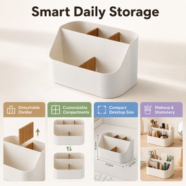 Desktop Makeup Organizer for Vanity and Desk - Plastic Storage Box with Detachable Divider for Brushes, Cosmetics, Lipsticks and Stationery
