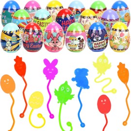 BEIGUO Easter Eggs with Sticky Stretchy Toys Inside – 24 Pack Filled Easter Eggs, Assorted Easter Elements, Surprise Party Favors for Kids, Egg Hunt, Easter Basket Stuffers