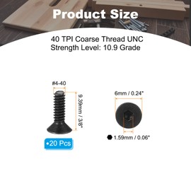 PATIKIL #4-40 x 3/8 Inch Flat Head Socket Cap Screws, 20 Pack Flat Countersunk Bolts Hex Socket Drive Machine Screws Full Thread Coarse Thread UNC Black Oxide Grade 10.9