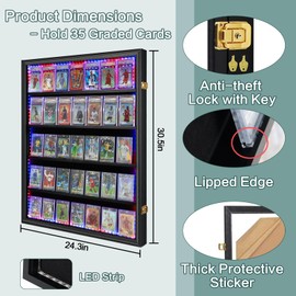 Temgee 35 Graded Sports Card Display Case with LED - Baseball Card Display Frame with UV Protection Clear View Lockable Wall Cabinet for Basketball Collectible Trading Card Black Finish