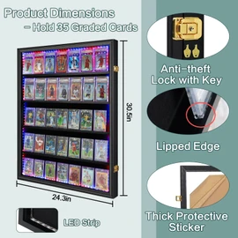 35 Graded Sports Card Display Case with LED - Baseball Card Display Frame with UV Protection Clear View Lockable Wall Cabinet for Basketball Collectible Trading Card Black Finish