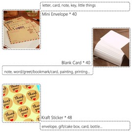Pack of 128 Mini Kraft Paper Envelopes, Vintage Cute Gift Cards Paper with Stickers, Wedding Birthday Party Invitation Postcards, Greeting Notes (40 Envelopes + 40 Cards + 48 Stickers)