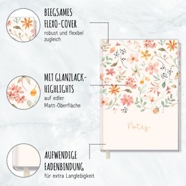 Häfft ==Notizbuch A5 liniert Wild Blossoms von Trendstuff by 124 Seiten, 62 Blatt - ideal als Tagebuch, Bullet Journal, Ideenbuch, Schreibheft - nachhaltig & klimafreundlich