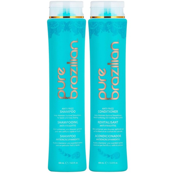PURE BRAZILIAN Anti Frizz Daily Shampoo & Conditioner - Salt-Free & Color Safe Shampoo & Conditioner Enriched With Keratin, Argan Oil, and Acai (13.5 Ounce / 400 Milliliter)