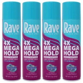 4 Pack Rave 4X Mega Aerosol Hairspray Now With Climashield Unscented 11 Oz Each 816559010779