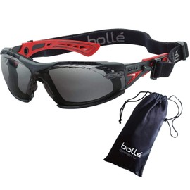 bollé SAFETY Rush+ Goggles, 4-Piece Set, (Goggles, Gasket Kit, Pouch, Original Cloth) ((Pouch) Red/Black, Smoke)
