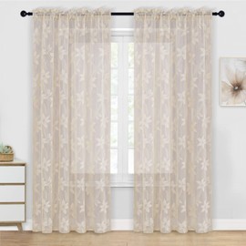 DWCN Elegant Sheer Curtains Floral Lace Curtains Rod Pocket Window Curtains Drapes for Bedroom, Each W132 x D213 cm, Set of 2 Panels, Beige