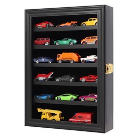 PKHROR Toy Cars Display Case 1/64 Scale Diecast Car Display Case Wall Mount Model Car Display Storage Cabinet Lockable with 98% UV Protection Acrylic & Removable Shelf Rack -Black
