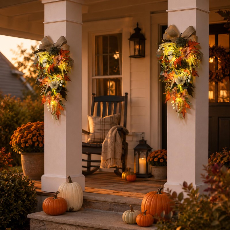 Svndlyn 24 Inch Lighted Fall Teardrop Swag with Timer and