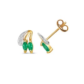Cute 9ct Gold Ladies Diamond Stud Earrings Brilliant Cut H - PK with Emerald - 9mm*6mm WJS35554