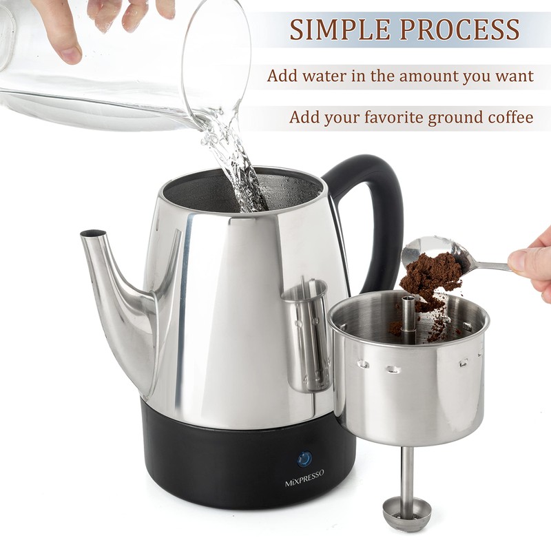 Mixpresso Small Percolator Coffee Pot Electric 4 Cup, Stainless Steel