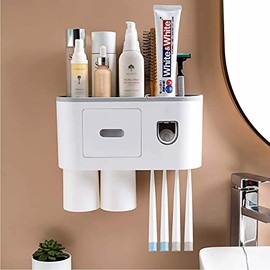 Soporte para Cepillos Dientes,Porta Cepillos Dentales Montado en la Pared, Dispensador Automático de Pasta de Dientes con 2 Tazas,sin Perforación,Organizador de Baño Caja para 4 Cepillo Dientes