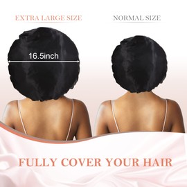 3Pcs Bonnet Silk Bonnet for Sleeping, Satin Bonnet for Sleeping Hair Bonnets for Sleeping Black Curly Hair Women Extra Large Jumbo Bonnet with Tie Band Braids (Black+Peacock Blue+Purple) shower cap