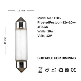 TBE Lighting Replacement Festoon Bulbs, PACK OF 4 Xenon lights for Undercabinets & Car Interior Lighting. Frosted glass finish, Warm White colour - 12v / 5w / Dimmable 11mmx41mm Energy efficient Bulbs