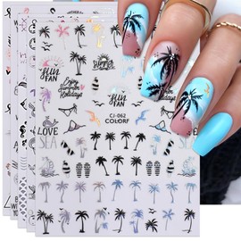 IDDFEVE Summer Palm Tree Nail Art Stickers - Glitter Beach Mermaid Self-Adhesive Nail Decals for DIY Anchor Shell Coconut Tree Flamingo Manicure (6 Sheets)