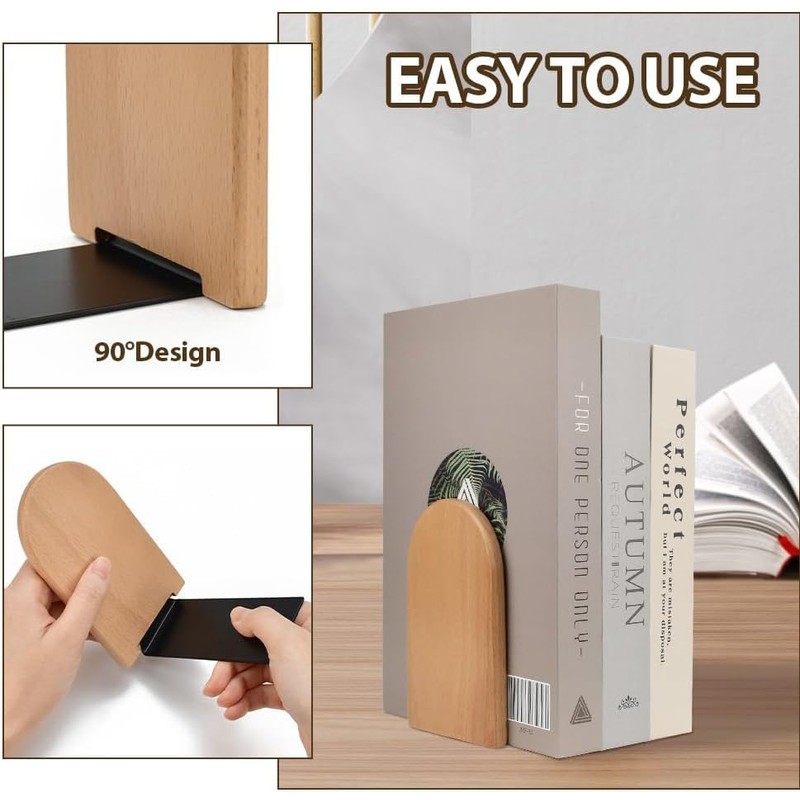 2 Pack Book Ends Natural Bamboo Bookend Anti Slip Book