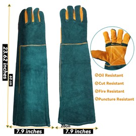 FelRelWel Animal Handling Gloves,23.6" Long Sleeves Gauntlet,Safety Work Glove, Cowhide Leather Anti Bite Glove Confront Pet Cat Bird Bite,Proof Gloves for Dogs Training, Dark Green,1 Pair