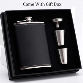 Yenghome Hip Flask Set, 8 OZ Premium Stainless Steel Leather Flask with Black Leather Cover for Men, Leakproof Gift Flask Set with 2 Cups & 1 Funnel