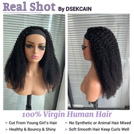 DSEKCAIN Kinky Curly Headband Wig Human Hair 18 inch 200 Density 100% Real Human Hair Curly Headband Wig No Glue No Sew In Glueless Wigs for Women Natural Black 1B Color