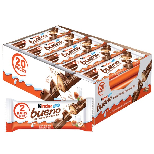 Kinder Bueno Milk Chocolate and Hazelnut Cream, 2 Individually Wrapped Chocolate Bars Per Pack, Easter Basket Gifts, 1.5 oz each, Bulk 20 Pack